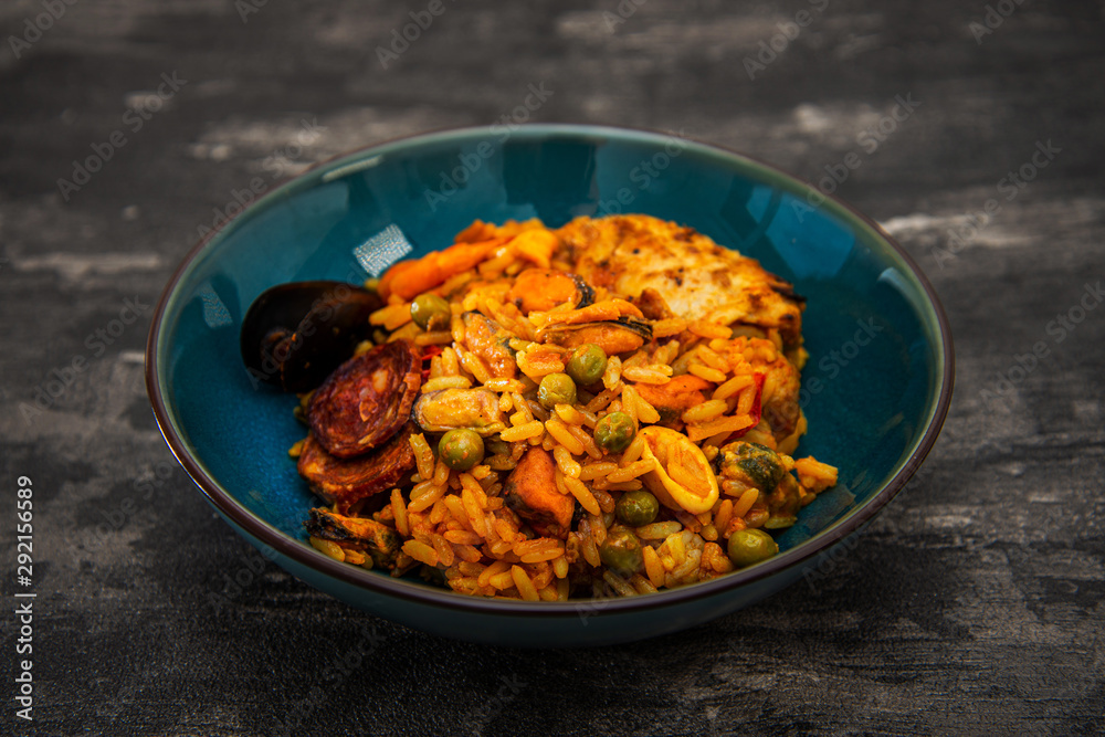 Prawn with rice - closeup of prawn with rice - traditionnal spanish food paella Prawn with rice - closeup of prawn with rice - traditionnal spanish food paella
