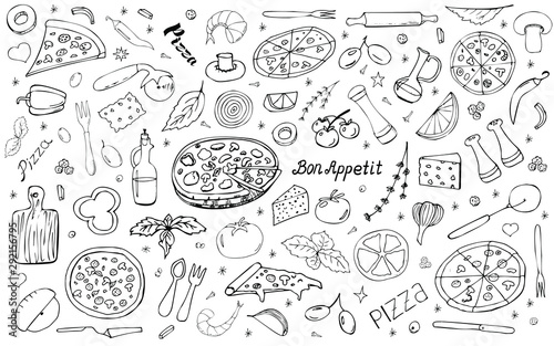 Vector background with pizza and snacks. Useful for packaging, menu design and interior decoration. Hand drawn doodles.  Set of food and pizza elements on white background.