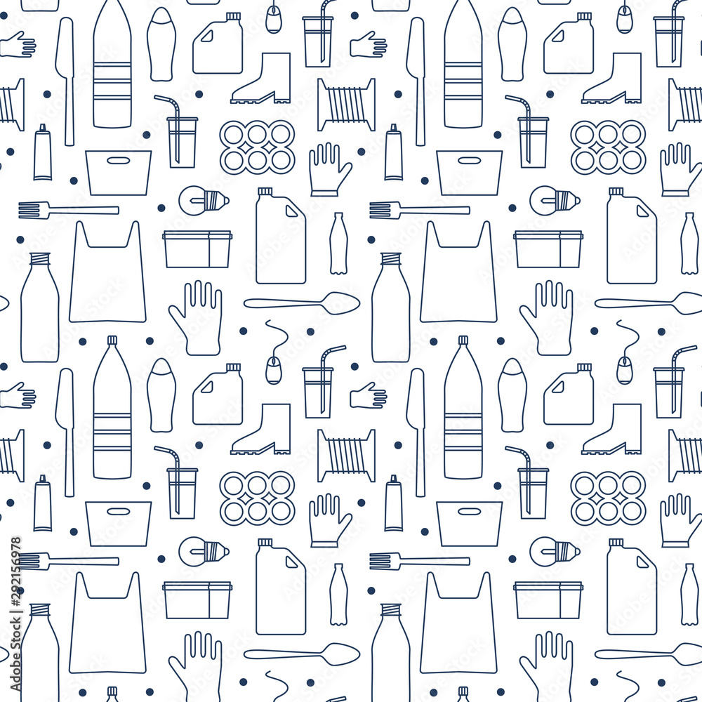 Stop using plastic seamless pattern with flat line icons. Polyethylene pollution awareness endless vector. Thin signs of plastics waste, bag, package, canister, bottle, disposable tableware, cosmetic