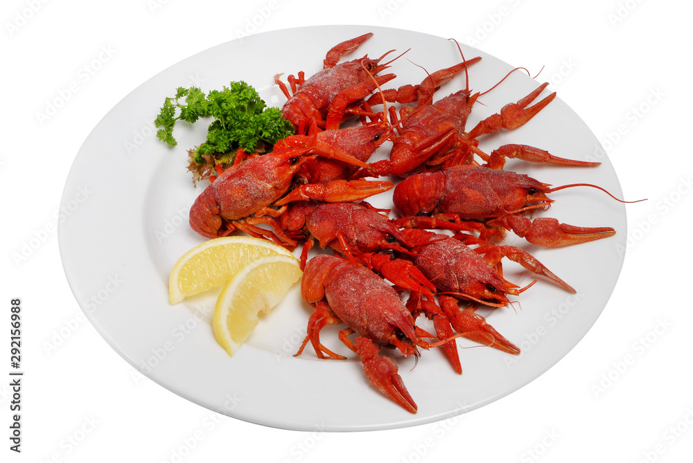 Red boiled crayfish on a plate isolated on a white background. Red boiled crayfish on a plate isolated on a white background.