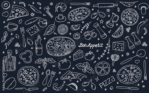 Vector background with pizza and snacks. Useful for packaging, menu design and interior decoration. Hand drawn doodles.  Set of food and pizza elements on black background.
