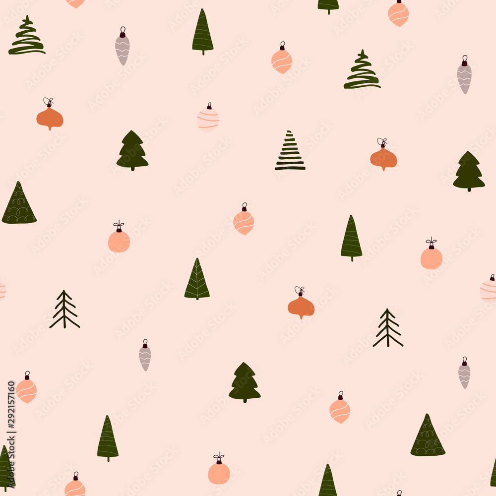 Abstract trendy christmas new year winter holiday seamless pattern with xmas trees balls