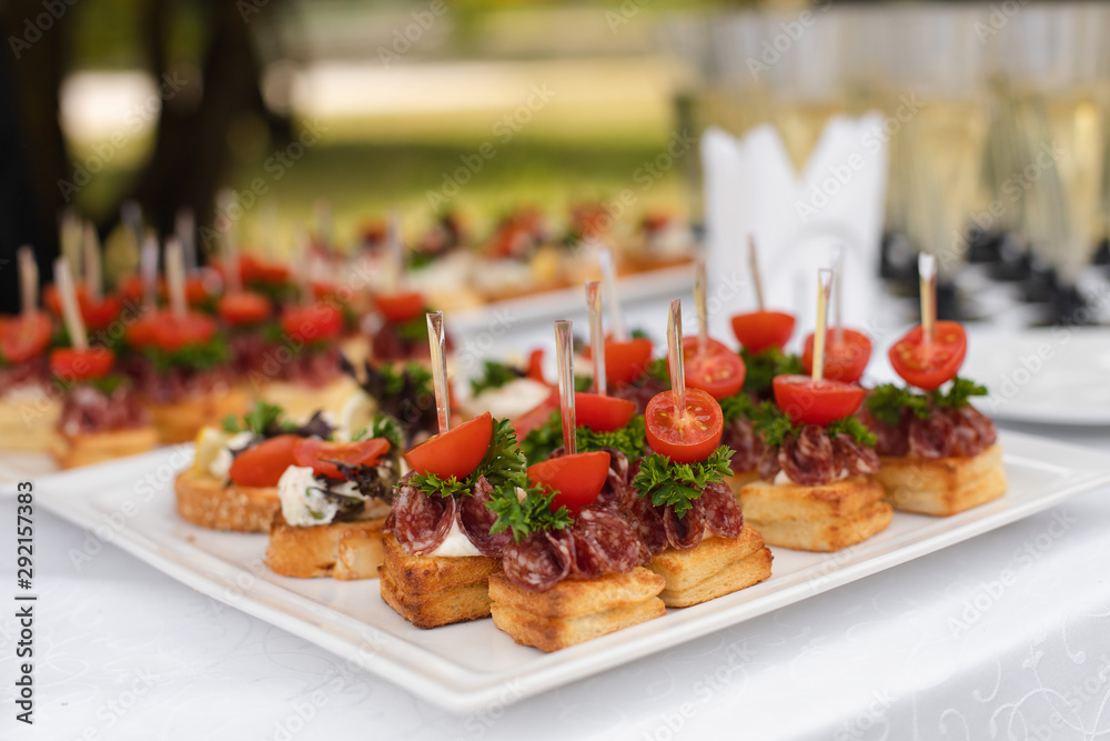 Close-up big plate with serving snack canapes fried bread tomato parsley and salami. Appetizing fresh unhealthy sandwich food decorated on table of luxury restaurant Close-up big plate with serving snack canapes fried bread tomato parsley and salami. Appetizing fresh unhealthy sandwich food decorated on table of luxury restaurant