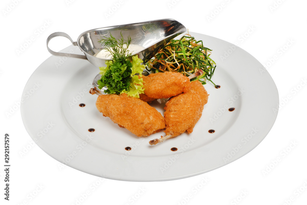 Fried chicken nuggets with seaweed with white sauce on a white isolated background Fried chicken nuggets with seaweed with white sauce on a white isolated background