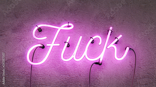 Billede på lærred Bright pink neon sign that says the word fuck, on a concrete wall background