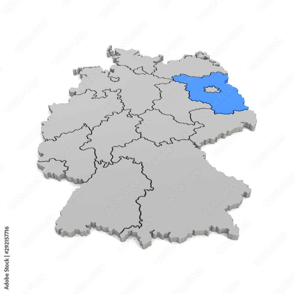 3d Illustation - Deutschlandkarte in grau mit Fokus auf Brandenburg in blau - 16 Bundesländer