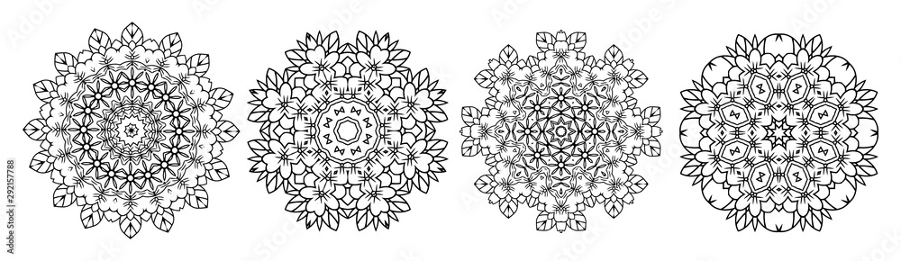 Illustration. Mandala set. Coloring book. Antistress for adults and children. The work was done in manual mode. Black and white.
