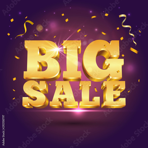 3d vector golden text Big Sale with confetti on purple background. Vector illustration for promotion discount sale advertising