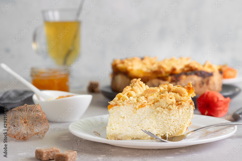 Cheesecake or casserole with cottage cheese, orange jam and crumble. Healthy dessert.