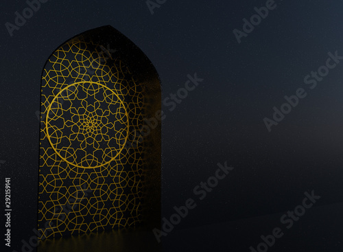 Photography Golden arabic ornament on the black wall with islamic door