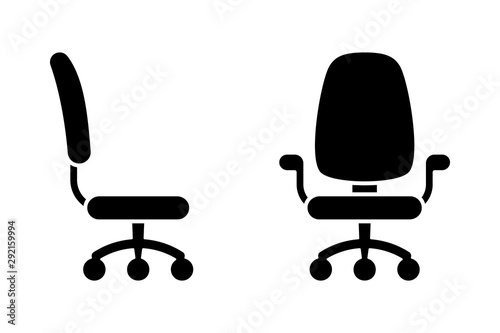 Office chair black and white vector icon pictogram set. Front and side view silhouette