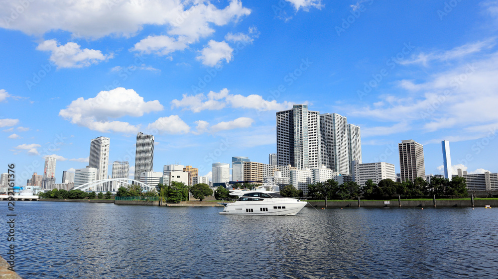 TOKYO, JAPAN. 2019 Sep 26th. View of Hamarikyu Japanese Garden and High-Rise Buildings.