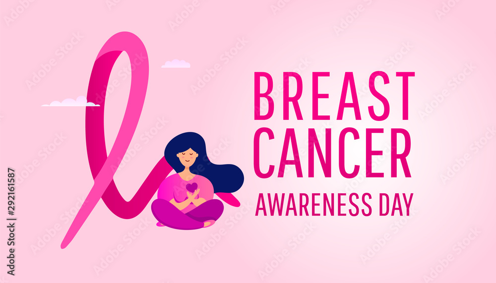 Creative breast cancer awareness design banner with pink ribbon and a young girl sitting near the cancer sign