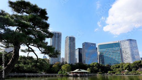 TOKYO  JAPAN. 2019 Sep 26th. View of Hamarikyu Japanese Garden and High-Rise Buildings.