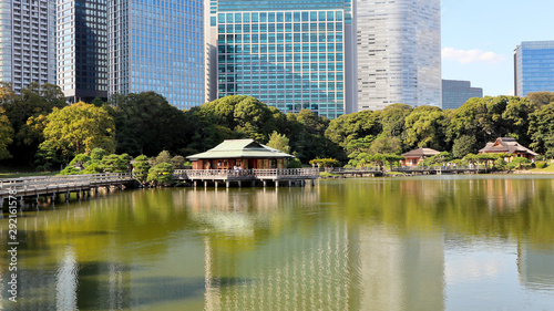 TOKYO, JAPAN. 2019 Sep 26th. View of Hamarikyu Japanese Garden and High-Rise Buildings. photo