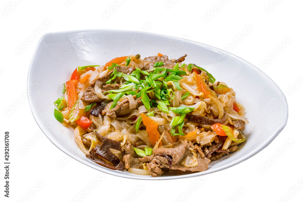 Vietnamese noodles with beef on white background isolated
