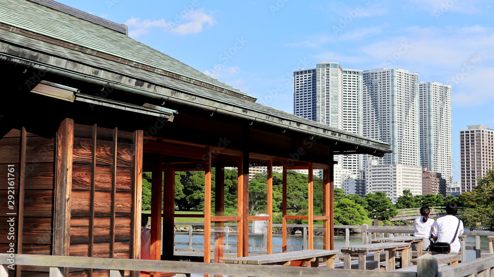 TOKYO, JAPAN. 2019 Sep 26th. View of Hamarikyu Japanese Garden and High-Rise Buildings.