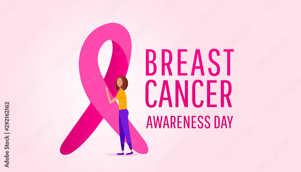 Creative banner of the fight against breast cancer. A young girl stands next to a large pink silk ribbon Creative banner of the fight against breast cancer. A young girl stands next to a large pink silk ribbon