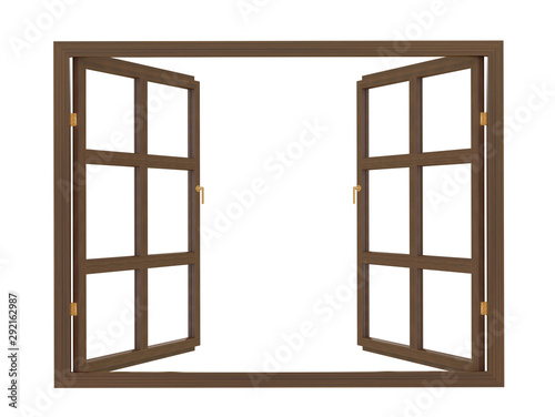 Dark brown open wooden window on white 3d rendering