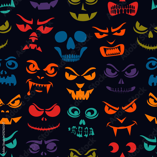 Funny monsters seamless pattern. Halloween pumpkin carved faces. Holiday cartoon characters. Vampires, skeletons, demons