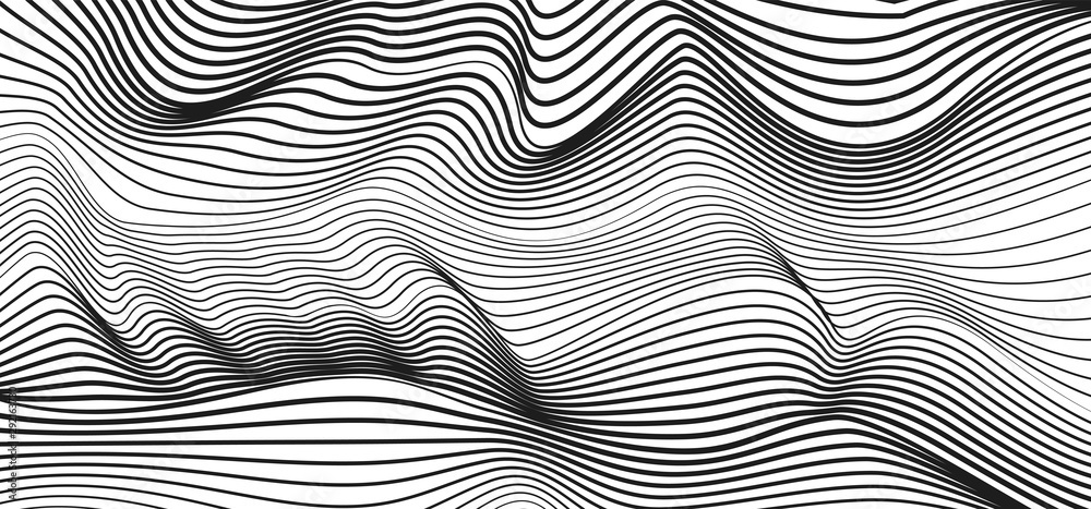 Squiggle thin curves. Abstract black and white striped background. Technology line art design. Optical illusion. Monochrome deformed surface. Vector modern wave pattern. EPS10 illustration