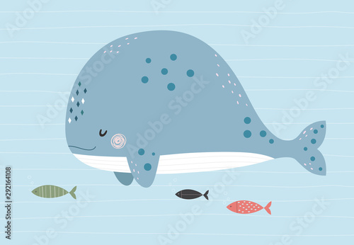 Fototapeta Wieloryb i ryby w oceanie. Wektorowa ilustracja w skandynawskim stylu z prostym tłem. Zabawny ładny plakat. sol