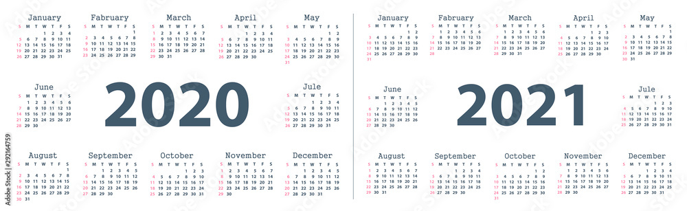 Calendar 2020 starting from Sunday. Vector