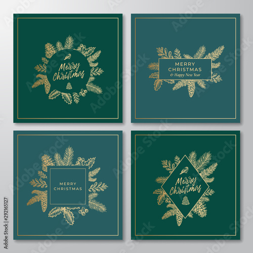 Merry Christmas Abstract Botanical Cards Collection with Rectangle and Circle Frame Banners and Modern Typography. Premium Green Background and Golden Greeting Sketches Layouts Set.