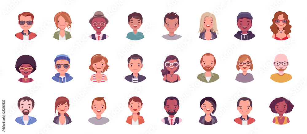 Naklejka People avatar big bundle set. User pic, different human face icons for representing person in a video game, Internet forum, account. Vector flat style cartoon illustration isolated on white background