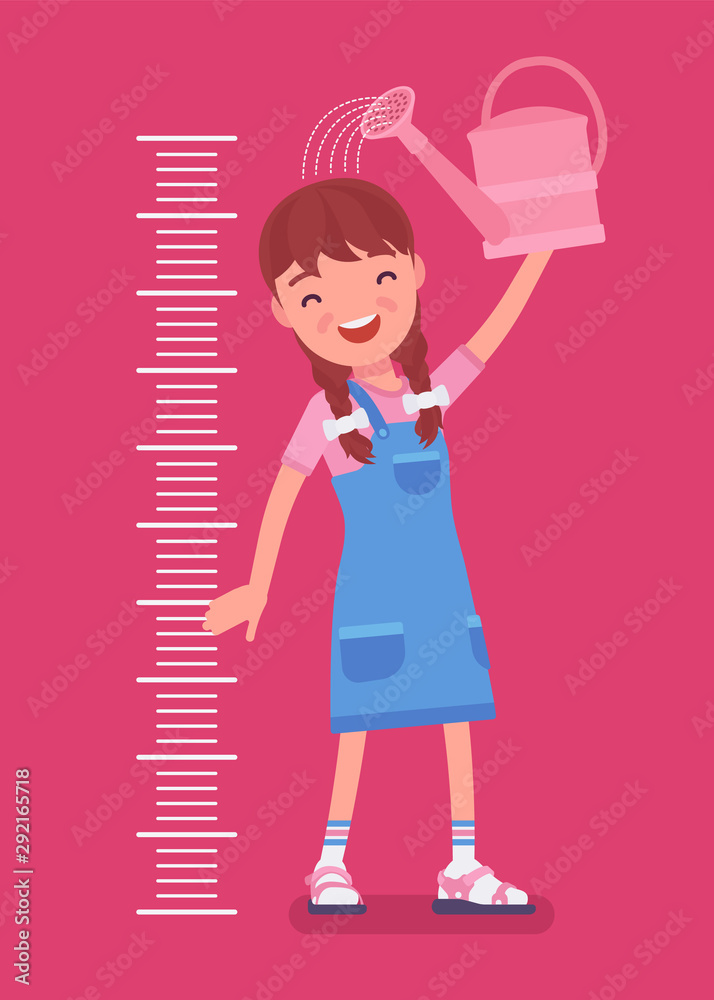 Girl at child height growth chart with watering can. Happy schoolgirl pouring water over her head to grow bigger, older and taller, kid developing into teenager. Vector flat style cartoon illustration Girl at child height growth chart with watering can. Happy schoolgirl pouring water over her head to grow bigger, older and taller, kid developing into teenager. Vector flat style cartoon illustration