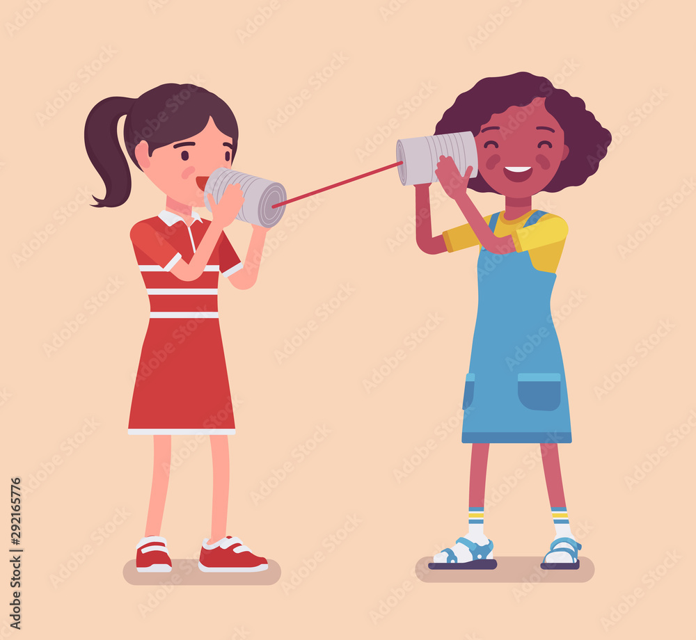 Girls speaking by tin can telephone. Two friends playing in phone with self made speech transmitting device, kids have fun speaking, science game and activities. Vector flat style cartoon illustration Girls speaking by tin can telephone. Two friends playing in phone with self made speech transmitting device, kids have fun speaking, science game and activities. Vector flat style cartoon illustration