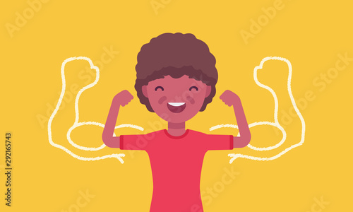 Strong black boy showing off biceps. Happy schoolboy athlete trying to impress with muscles, kid enjoys sport, healthy lifestyle to grow in great physical power. Vector flat style cartoon illustration