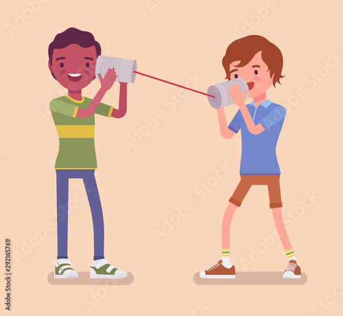 Boys speak by tin can telephone. Two friends playing in mechanical string phone, self made speech transmitting device, kids have fun speaking, science project. Vector flat style cartoon illustration