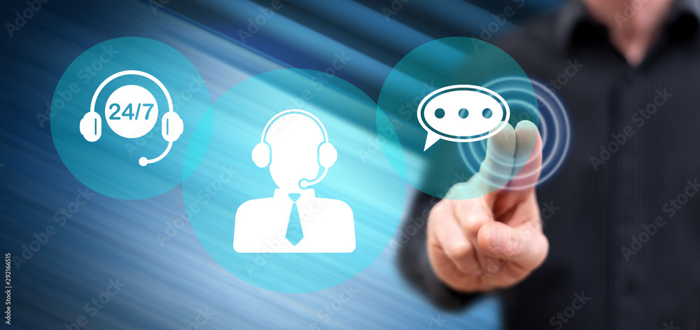 Man touching a call center concept Man touching a call center concept