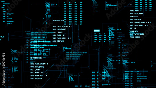 System information code on a screen. Abstract background with program modules moving in a cyberspace. 