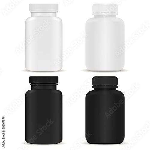 Medical supplement bottle. Pill bottle mockup. 3d design blank isolated. Aspirin remedy package with cap. Realistic vitanin jar template in black and white. Pharmaceutical tablet container. Antibiotic