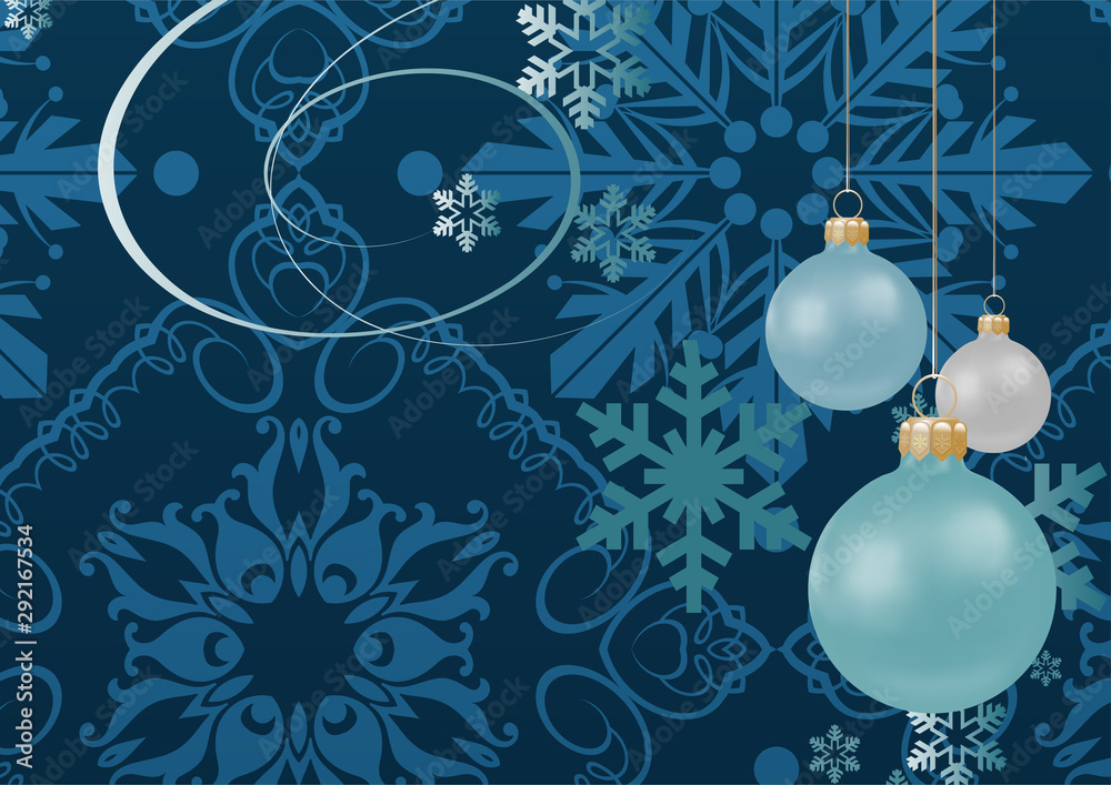 Christmas balls on a blue background with snowflakes. Christmas card - retro. Vector graphics