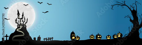 Halloween castle, pumpkins and bats