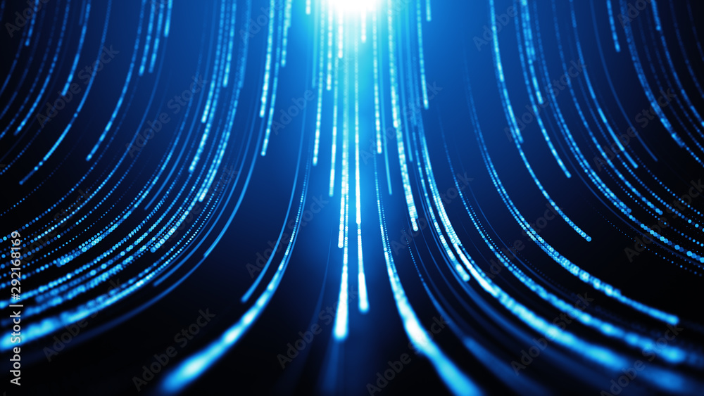 Striped creative texture of a cyber space. Technology pattern with bright particles. Abstract background. Bright beams falling down and light at the top. Digital data flow. - obrazy, fototapety, plakaty 
