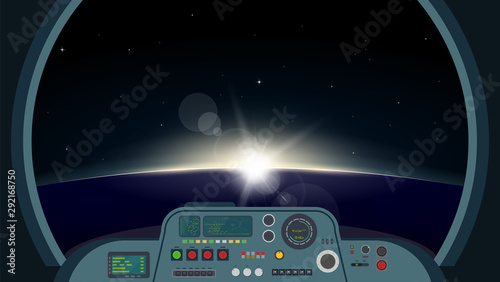 Inside spaceship view. Space futuristic ship interior with control panel with buttons, lights and monitors. View on planet on orbit with sunrise through main window. Spaceship vector illustration.