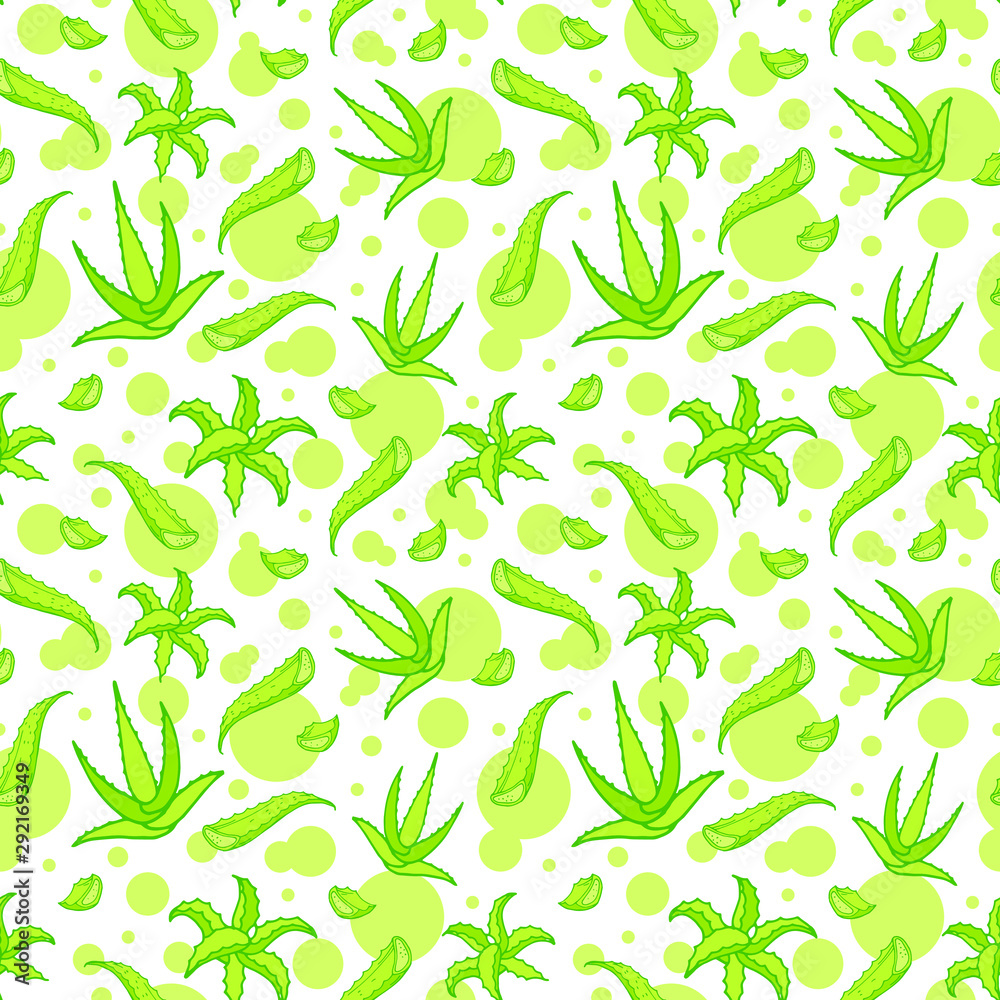 Aloe vera seamless pattern with hand. Vector illustration. The plant is used in medicine and natural cosmetics. For packaging design.