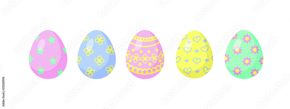 A collection of Easter eggs in pastel colors on a white background. Flat style. Vector set of eggs for design banner, greeting card.