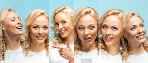 collage of blonde beautiful young woman showing various emotions isolated on blue