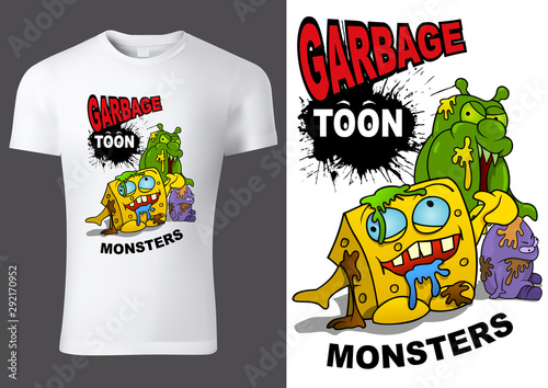White Child T-shirt Design with Cartoon Monsters - Colorful Illustration with Inscriptions and Funny Characters, Vector