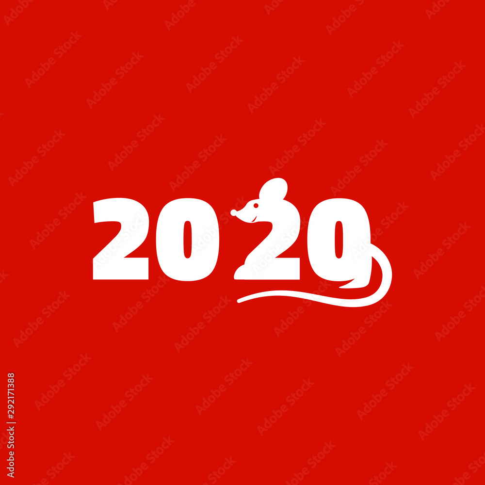 Happy New Year 2020 logo design, with white rat. Vector illustration. Isolated on red background. Happy New Year 2020 logo design, with white rat. Vector illustration. Isolated on red background.
