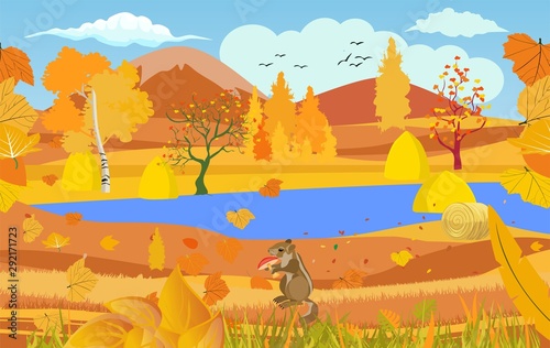 landscapes of wildlife in autumn. chipmunk in wildlife scene, with field, grass, forests, and leaves falling from trees 