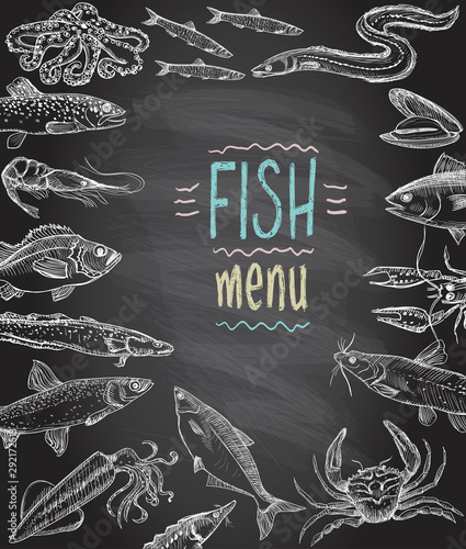 Fish and seafood menu chalkboard, hand drawn graphic illustration