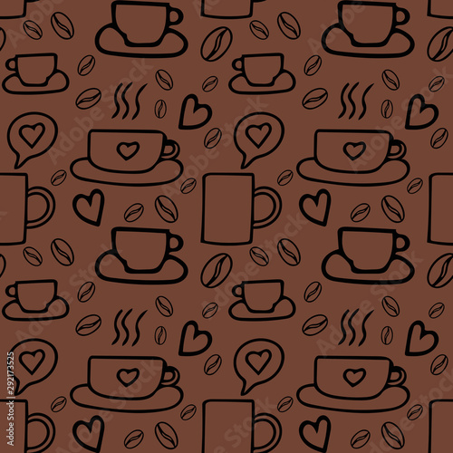Coffee beans and cups hand drawn doodle style seamless pattern. © Ирина Самойлова