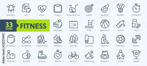 Obraz Sport i fitness - minimalny zestaw ikon web cienkich linii. Kolekcja ikony konspektu. Prosta wektorowa ilustracja.