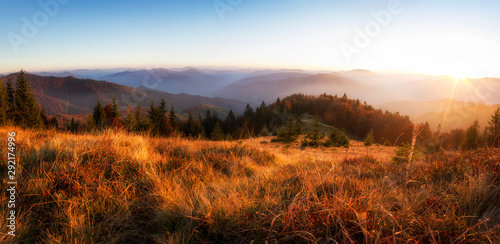 Panorama of sunset in a Carpathian mountain valley with wonderful gold light on a hills. Autumn evening mountain landscape, golden sunlight on forest and pink evening glow in sky.